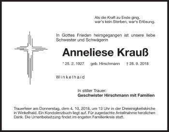 Traueranzeige von Anneliese Krauß von Der Bote
