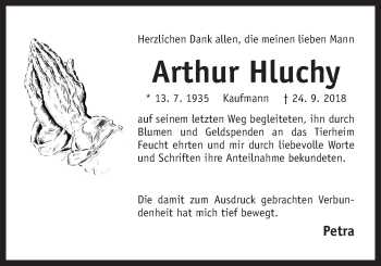 Traueranzeige von Arthur Hluchy von Der Bote