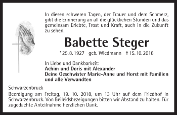 Traueranzeige von Babette Steger von Der Bote