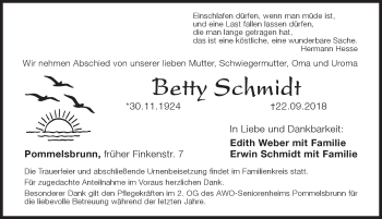 Traueranzeige von Betty Schmidt von Hersbrucker Zeitung