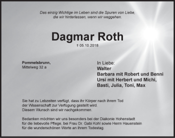 Traueranzeige von Dagmar Roth von Hersbrucker Zeitung