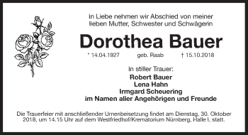 Traueranzeige von Dorothea Bauer von Pegnitz-Zeitung