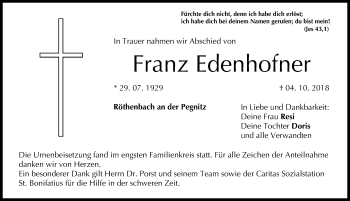 Traueranzeige von Franz Edenhofner von Pegnitz-Zeitung
