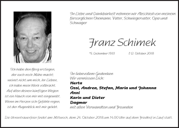 Traueranzeige von Franz Schimek von Pegnitz-Zeitung