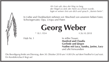 Traueranzeige von Georg Weber von Pegnitz-Zeitung
