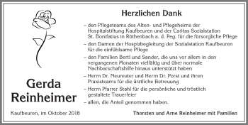 Traueranzeige von Gerda Reinheimer von Pegnitz-Zeitung