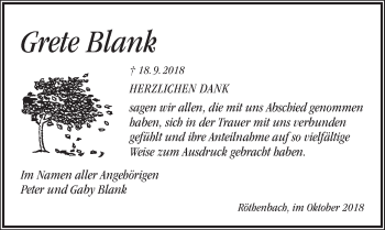 Traueranzeige von Grete Blank von Pegnitz-Zeitung