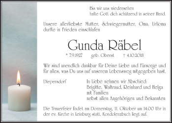 Traueranzeige von Gunda Räbel von Pegnitz-Zeitung