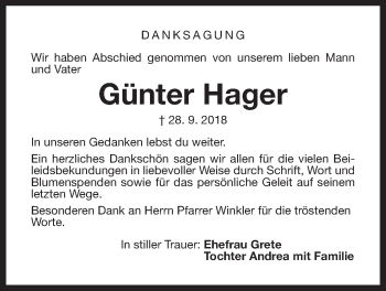 Traueranzeige von Günter Hager von Der Bote