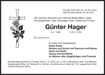 Traueranzeige von Günter Hager von Der Bote
