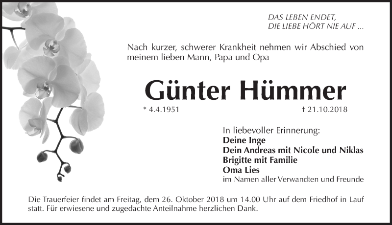  Traueranzeige für Günter Hümmer vom 24.10.2018 aus Pegnitz-Zeitung