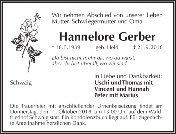 Traueranzeige von Hannelore Gerber von Pegnitz-Zeitung