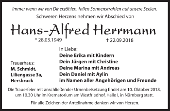 Traueranzeige von Hans-Alfred Herrmann von Hersbrucker Zeitung