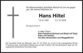 Traueranzeige von Hans Hiltel von Pegnitz-Zeitung