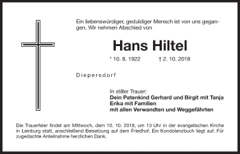Traueranzeige von Hans Hiltel von Der Bote