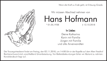 Traueranzeige von Hans Hofmann von Hersbrucker Zeitung