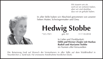 Traueranzeige von Hedwig Stobbe von Pegnitz-Zeitung