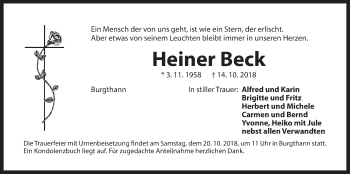 Traueranzeige von Heiner Beck von Der Bote