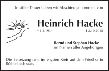 Traueranzeige von Heinrich Hacke von Pegnitz-Zeitung