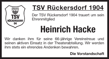 Traueranzeige von Heinrich Hacke von Pegnitz-Zeitung
