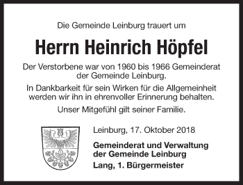 Traueranzeige von Heinrich Höpfel von Pegnitz-Zeitung