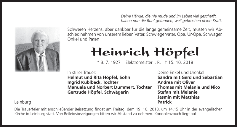  Traueranzeige für Heinrich Höpfel vom 17.10.2018 aus Pegnitz-Zeitung
