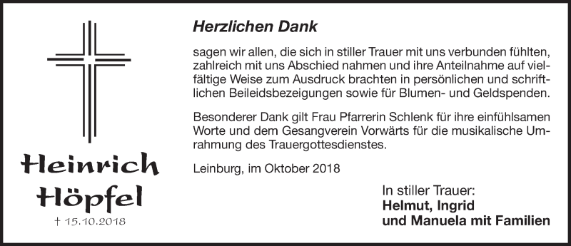  Traueranzeige für Heinrich Höpfel vom 27.10.2018 aus Pegnitz-Zeitung