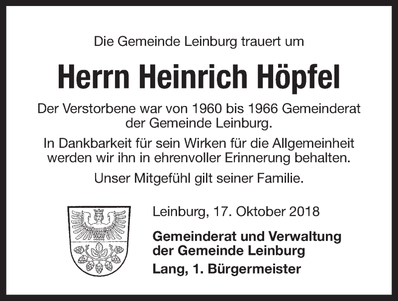  Traueranzeige für Heinrich Höpfel vom 19.10.2018 aus Der Bote