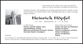 Traueranzeige von Heinrich Höpfel von Der Bote