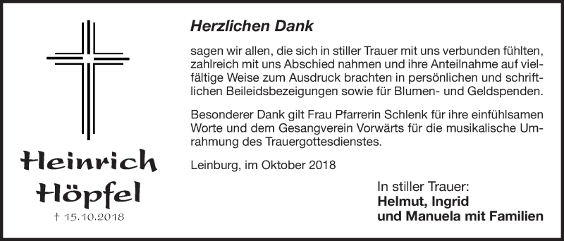 Traueranzeige für Heinrich Höpfel vom 27.10.2018 aus Der Bote