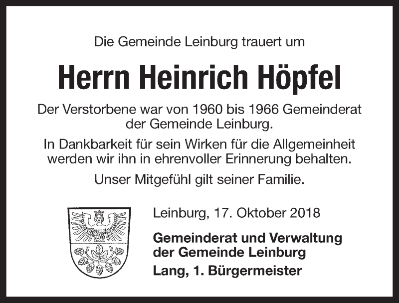  Traueranzeige für Heinrich Höpfel vom 19.10.2018 aus Pegnitz-Zeitung