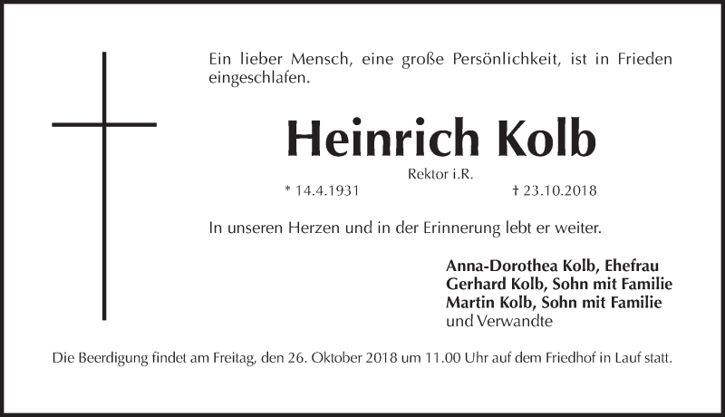  Traueranzeige für Heinrich Kolb vom 24.10.2018 aus Pegnitz-Zeitung