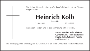 Traueranzeige von Heinrich Kolb von Pegnitz-Zeitung