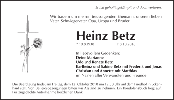 Traueranzeige von Heinz Betz von Pegnitz-Zeitung