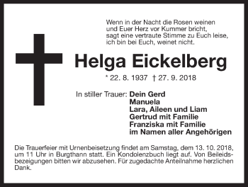 Traueranzeige von Helga Eickelberg von Der Bote