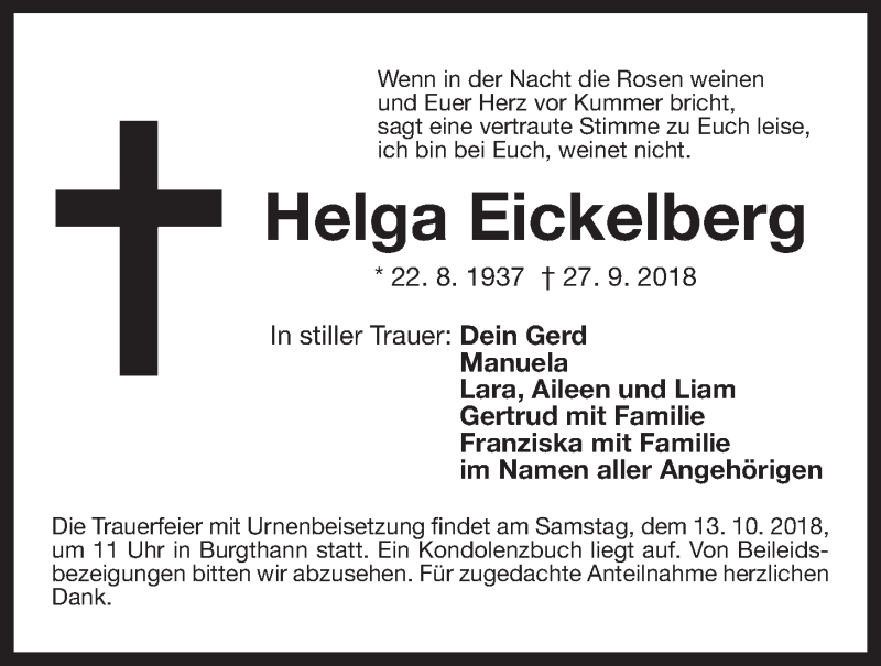  Traueranzeige für Helga Eickelberg vom 06.10.2018 aus Der Bote