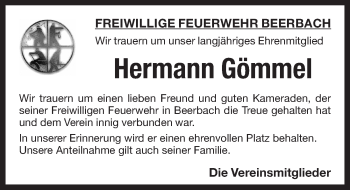 Traueranzeige von Hermann Gömmel von Pegnitz-Zeitung