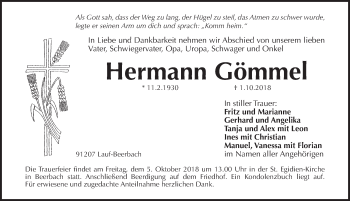 Traueranzeige von Hermann Gömmel von Pegnitz-Zeitung