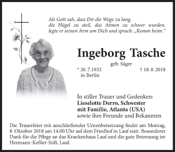 Traueranzeige von Ingeborg Tasche von Pegnitz-Zeitung