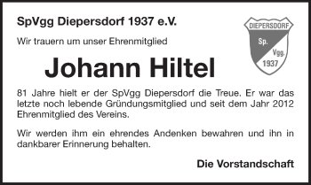 Traueranzeige von Johann Hiltel von Pegnitz-Zeitung