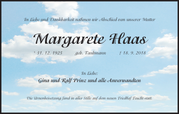 Traueranzeige von Margarete Haas von Der Bote