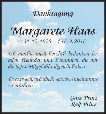 Traueranzeige von Margarete Haas von Der Bote