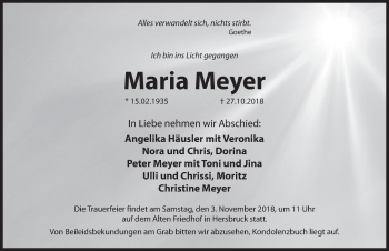 Traueranzeige von Maria Meyer von Hersbrucker Zeitung