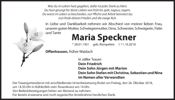 Traueranzeige von Maria Speckner von Hersbrucker Zeitung