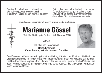 Traueranzeige von Marianne Gössel von Pegnitz-Zeitung