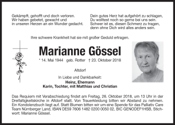 Traueranzeige von Marianne Gössel von Der Bote
