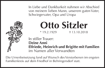 Traueranzeige von Otto Sitzler von Pegnitz-Zeitung