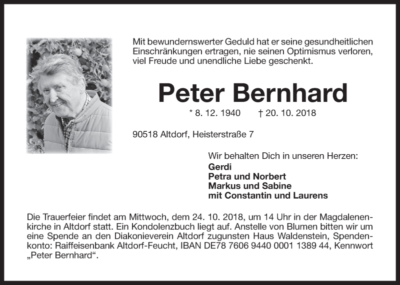  Traueranzeige für Peter Bernhard vom 23.10.2018 aus Der Bote