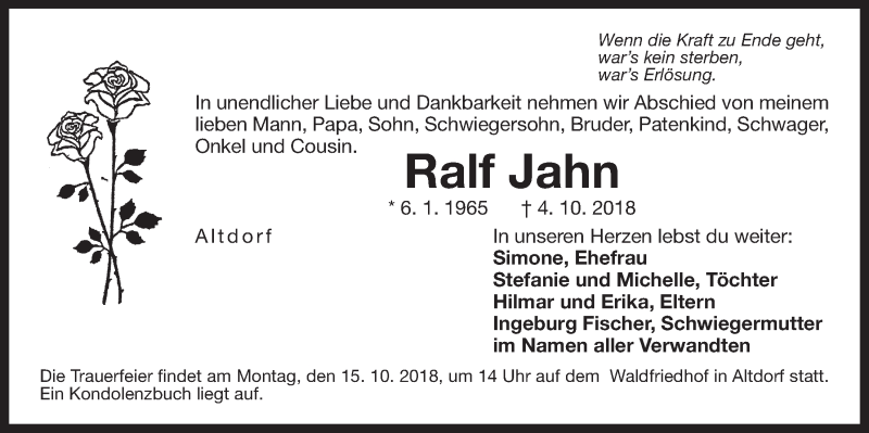  Traueranzeige für Ralf Jahn vom 13.10.2018 aus Der Bote