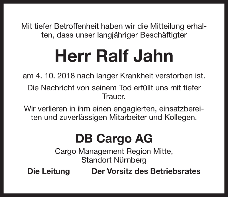  Traueranzeige für Ralf Jahn vom 13.10.2018 aus Der Bote